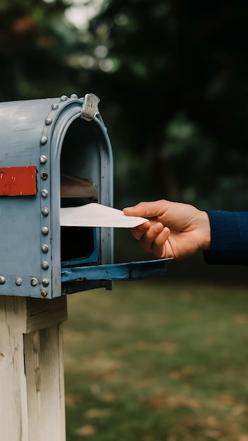 Photo person put or take out the letter by his hand in or out mailbox