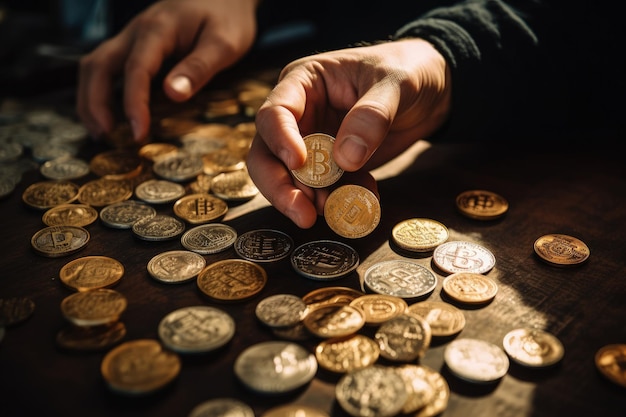 A person putting a coin into a pile of coins generative AI