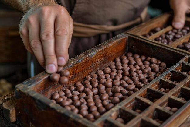 Photo person putting roasted cacao in a container generative ai