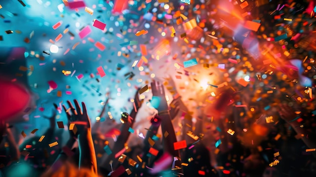 a person raising their hands in front of a colorful background