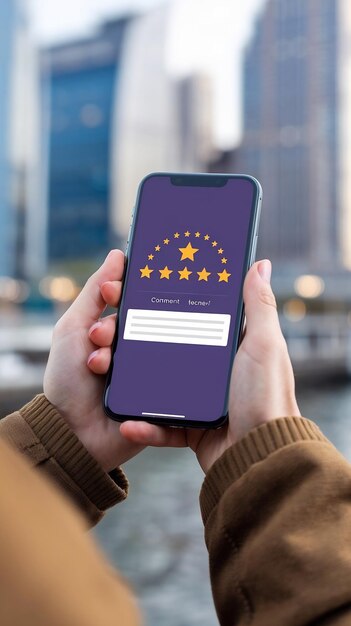 Photo person rating his experience with stars on smartphone app screen