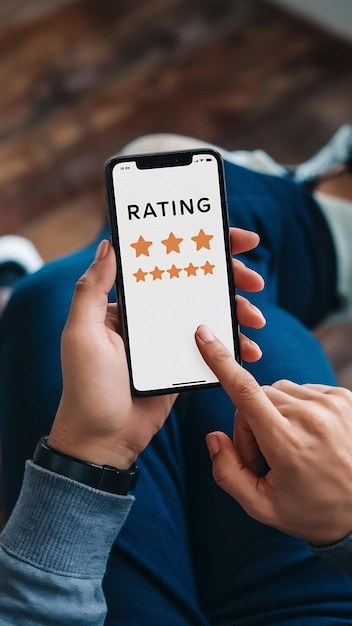 Photo person rating his experience with stars on smartphone app screen