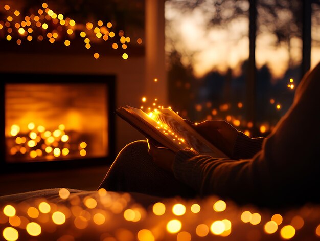 Photo a person reading a book by a fireplace with soft warm lighting