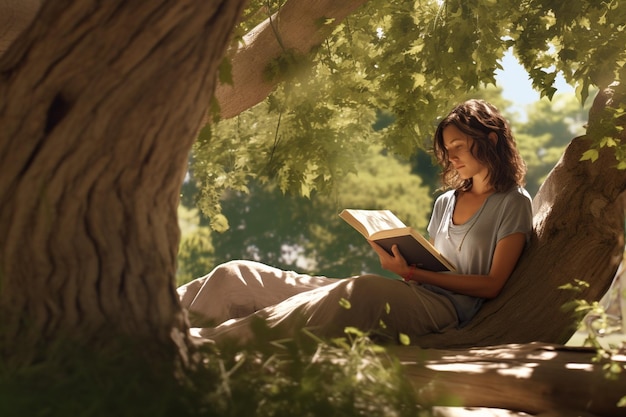 A person reading a book under the shade of a tree 00096 02