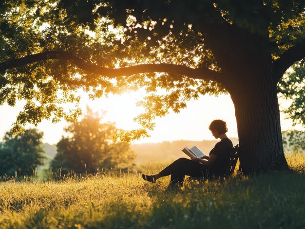 Photo person reading book under tree