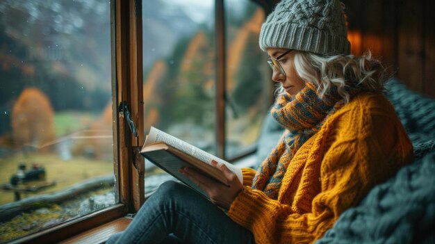 A person reading a book while riding a train with scenic countryside views outside