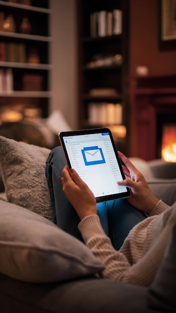 Person reading inbox emails at home on digital tablet computer