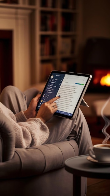 Person reading inbox emails at home on digital tablet computer