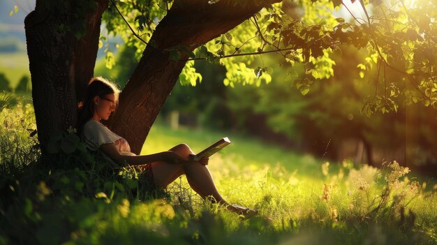 Photo a person reading under a tree on a bright sunny day surrounded by lush greenery capturing a serene and peaceful moment