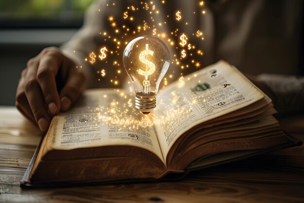 Photo person reads book with light bulb protruding