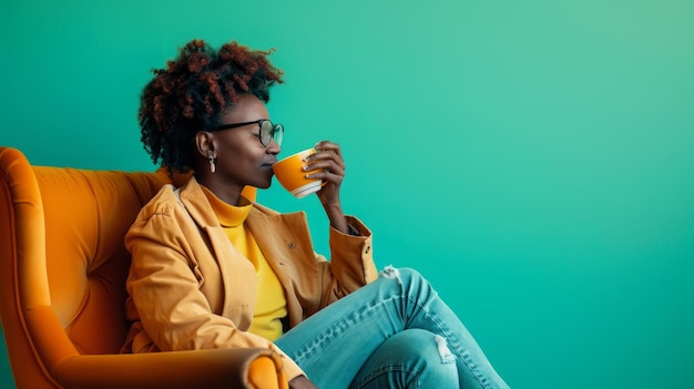 A person reclining on a comfortable armchair sipping a cup of coffee