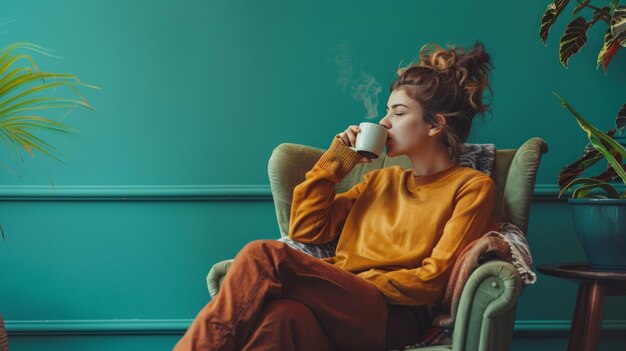 A person reclining on a comfortable armchair sipping a cup of coffee