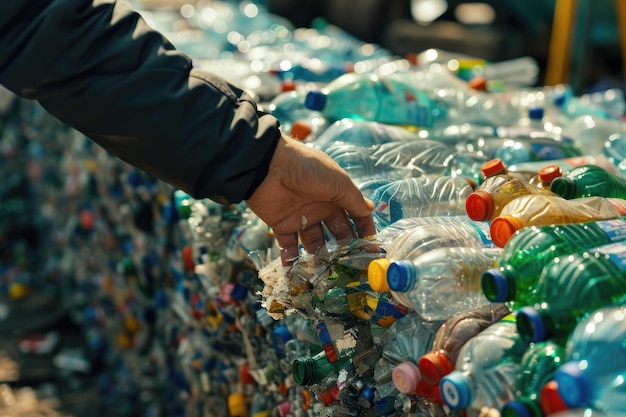 A person recycling plastic bottles at a recycling center