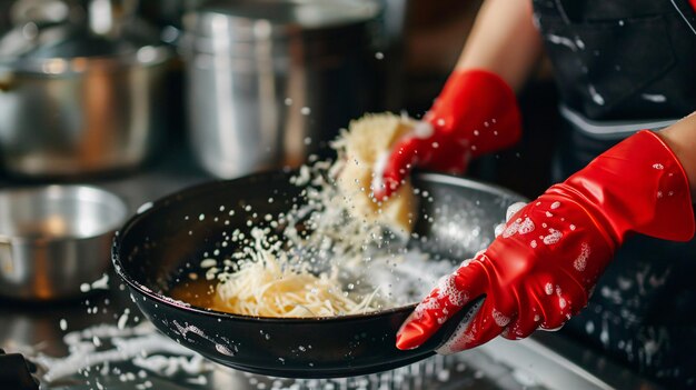 a person in red gloves is cooking food in a frying pan