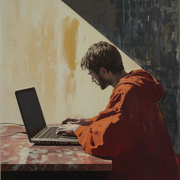 Photo person in red hoodie working on laptop in artistic shadowed setting