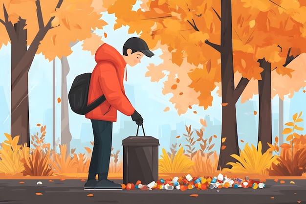 Photo person in red jacket cleaning up litter in an autumn park with vibrant orange and green trees