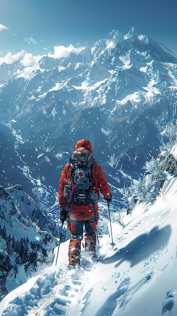 a person in a red jacket is standing in front of a mountain with snow on the ground