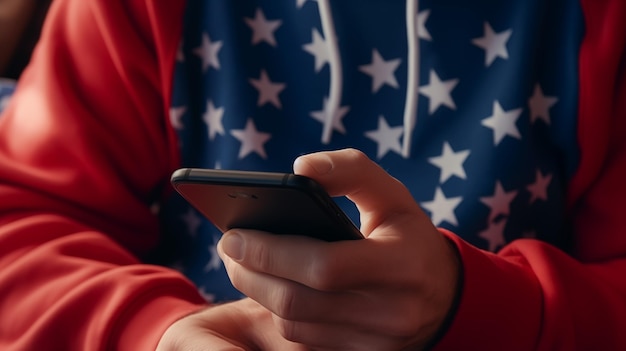 Person in red jacket using smartphone indoors