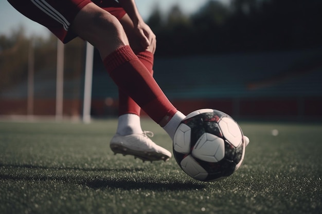 A person in red shorts and white socks kicks a soccer ball on a field.