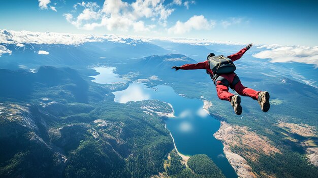 a person in a red suit is jumping in the air with a mountain lake in the background