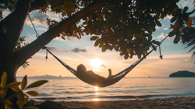 A person relaxing in a hammock on a beach at sunset