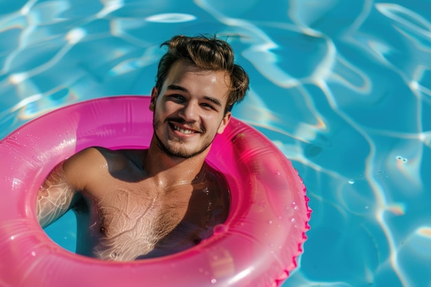 A person relaxing in an outdoor pool with a bright pink inflatable ring