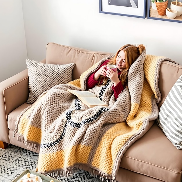 Photo person relaxing on sofa with cozybean throw blanket