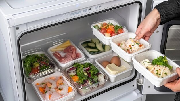 Photo a person removes a meal prep container from a refrigerator shelf revealing a variety of other containers filled with different prepared meals