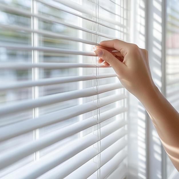 A person removing window blinds to clean the windows behind them