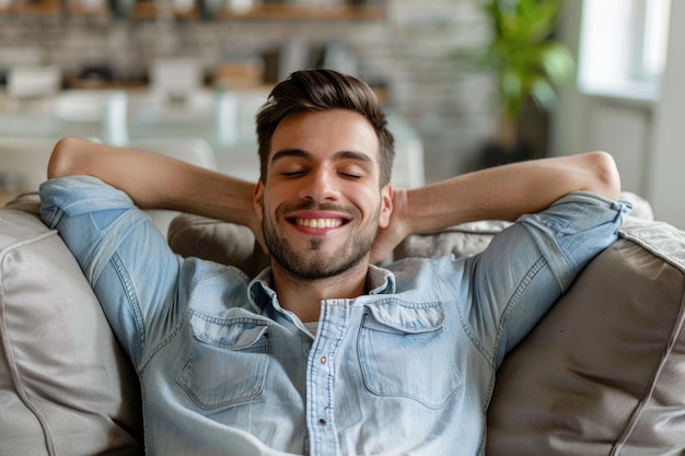 Photo person resting home relaxation concept with smiling man on sofa in living room