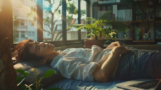 Photo a person rests peacefully on a couch in a sunlit room surrounded by nature and books epitomizing relaxation