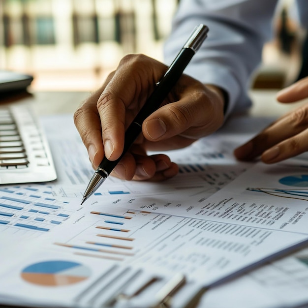 Person reviewing financial statements and balance sheets