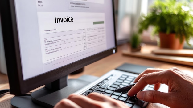 Photo person reviewing invoice on computer