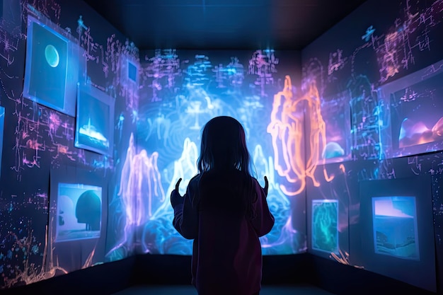 Person reviving memories from childhood with digital holographic background of their old room