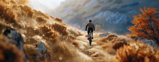 A person rides a bicycle on a path A cyclist wearing a helmet rides on hilly terrain