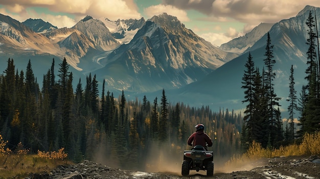 Person riding atv on a mountain trail surrounded by forest and peaks