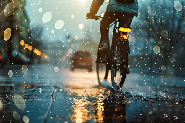 Person Riding Bicycle on Wet Street in Rainy Weather