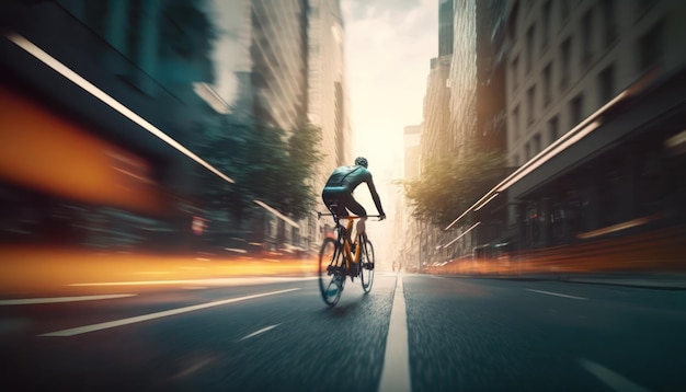 A person riding a bike on a road with a blurry background.