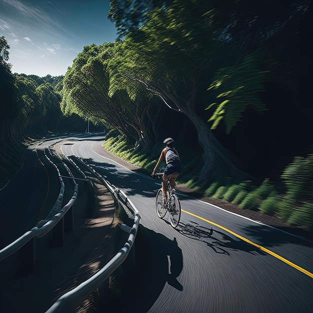 A person riding a bike on a road with trees in the background.