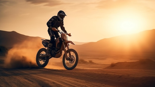 A person riding a dirt bike in the desert at sunset