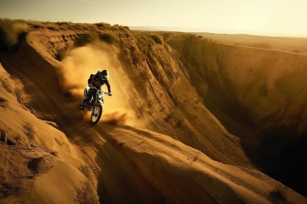 A person riding a dirt bike on a desert track