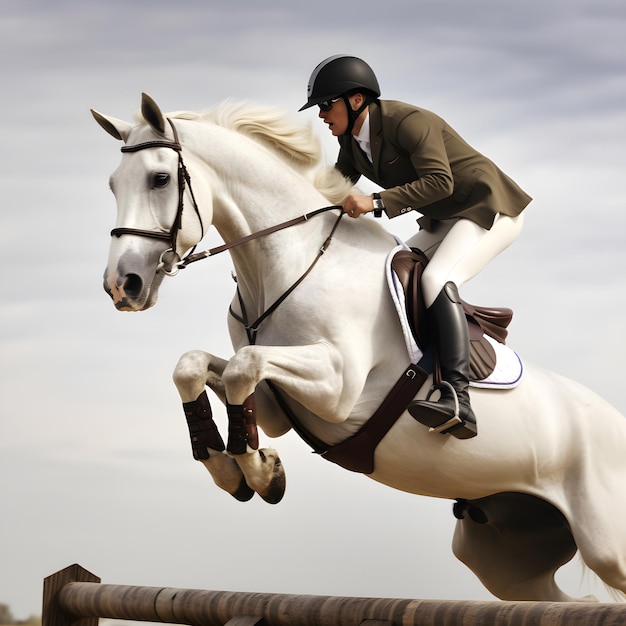 A person riding a horse is jumping over a fence.