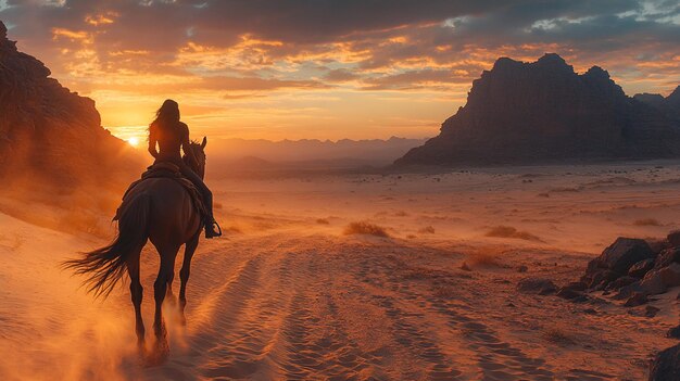 Photo a person riding a horse in a mysterious desert evoking adventure and intrigue