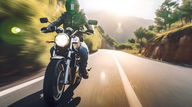 A person riding a motorcycle on a road with the words harley davidson on the front.