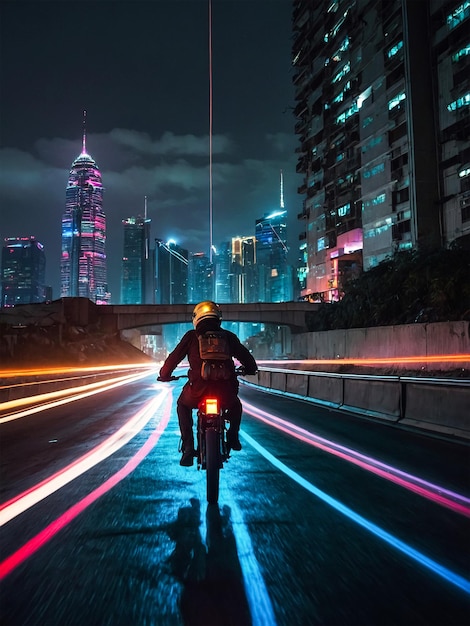 a person riding a motorcycle with a neon light on the side of it