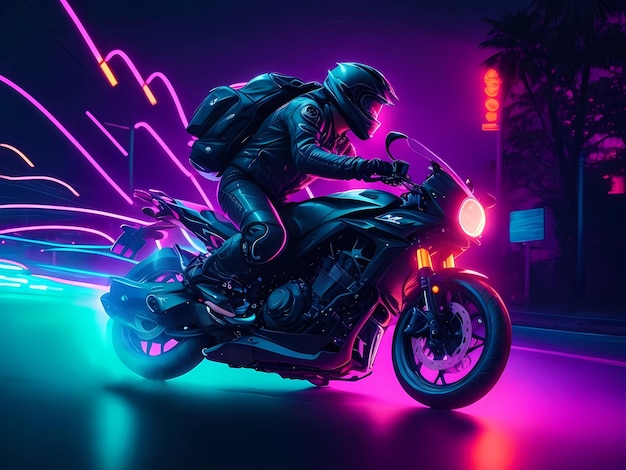 a person riding a motorcycle with a neon sign behind them that says " the word " on the back.