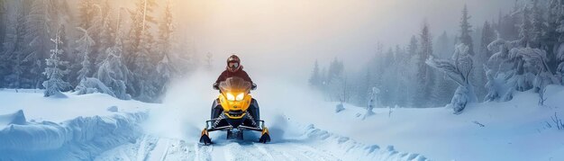 Photo person riding snowmobile in snowy forest landscape at sunrise winter outdoor adventure snow and wood