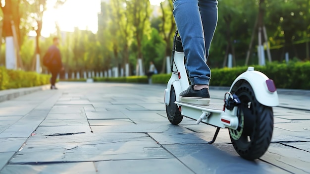 Photo person riding white electric scooter on sunny day in city park