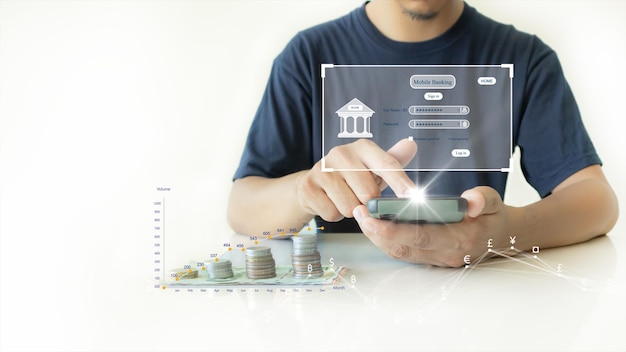 The person on the right is using a smartphone to log in to Mobile Banking for online financial