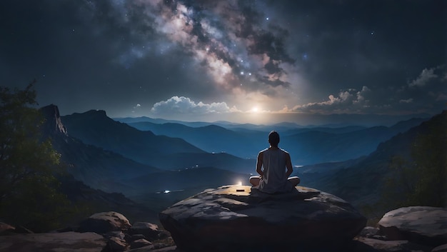 A person on the rock outdoors meditating or praying at night under the Milky Way and full Moon